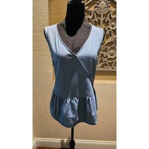 A.N.A XL Woman's Coastal Sleeveless Light Blue Chambray Wrap Top With Peplum Hem